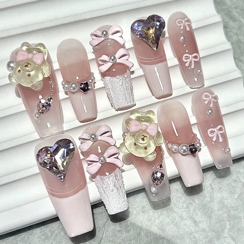 

10 Pieces Cream Bear Ballet Handmade Wear Nail Bow Love Diamonds Nail Art Patches Pearls Sequins Pink Sweet French Fake Nails