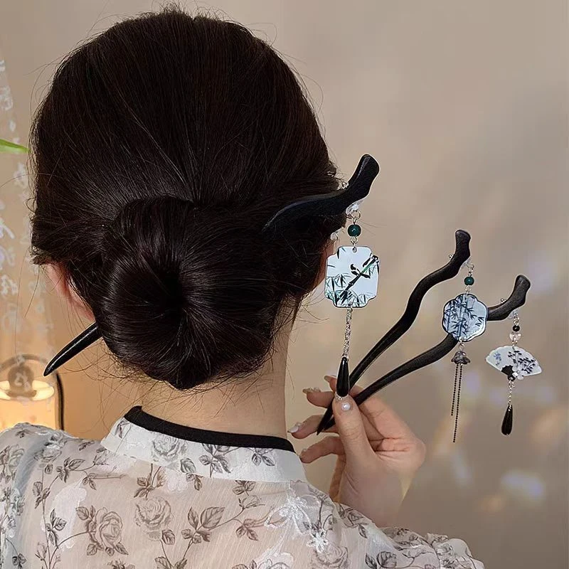 New Chinese Sandalwood Fan Fringe Hairpin for Women Hair Drop Pendant Hairpin Ancient Style Ink Painting Hair Accessories