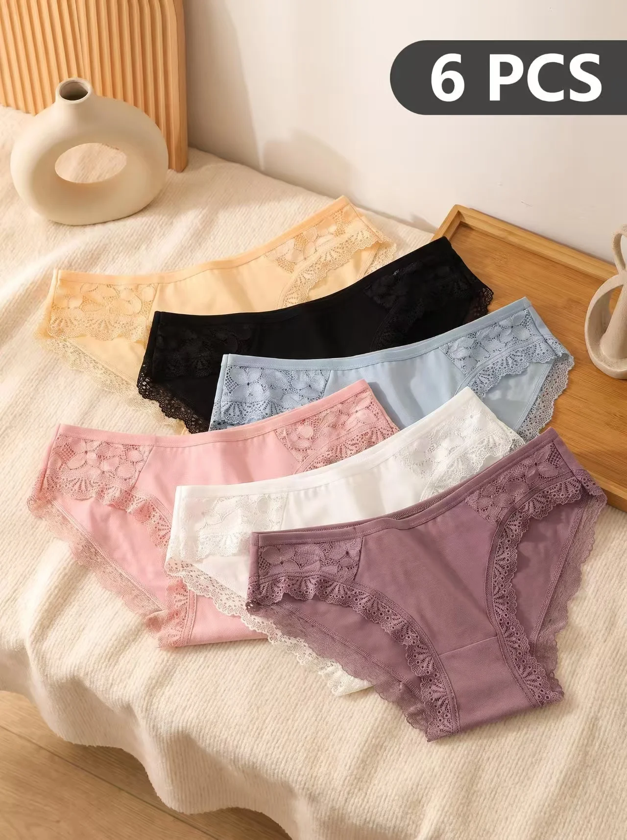 6 Stück Damen-Baumwollhöschen, sexy Spitzenhöschen, nahtlos und bequem, mittelhohe Taille, Dreieck-Unterhose, Damenunterwäsche