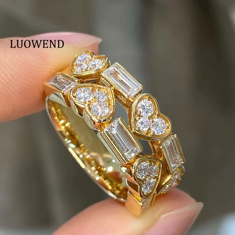 LUOWEND 100% 18K Yellow Gold Rings Luxury Romantic Style Real Natural Diamond Engagement Ring for Women High Party Jewelry