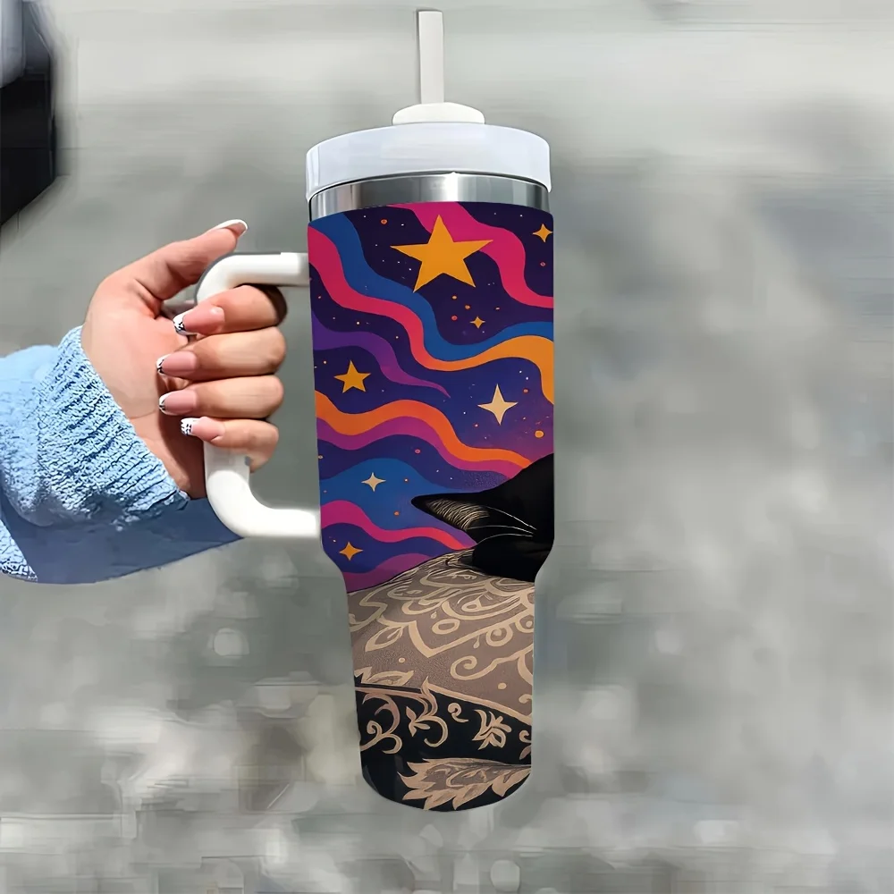 1pc Halloween 40Oz Insulated Tumbler with Handle And Straw, Cute Sleeping Tuxedo Cat Starry Swirl Pattern Water Cup for Home Office Car Travel Outdoor Camping Daily Drinking Use