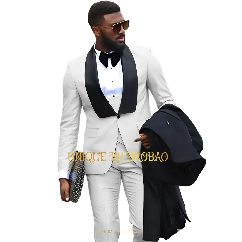 

Men's white 3-piece attire (jacket+vest+pants) black satin shawl lapel coat wedding groom dance Easter party custom tuxedo