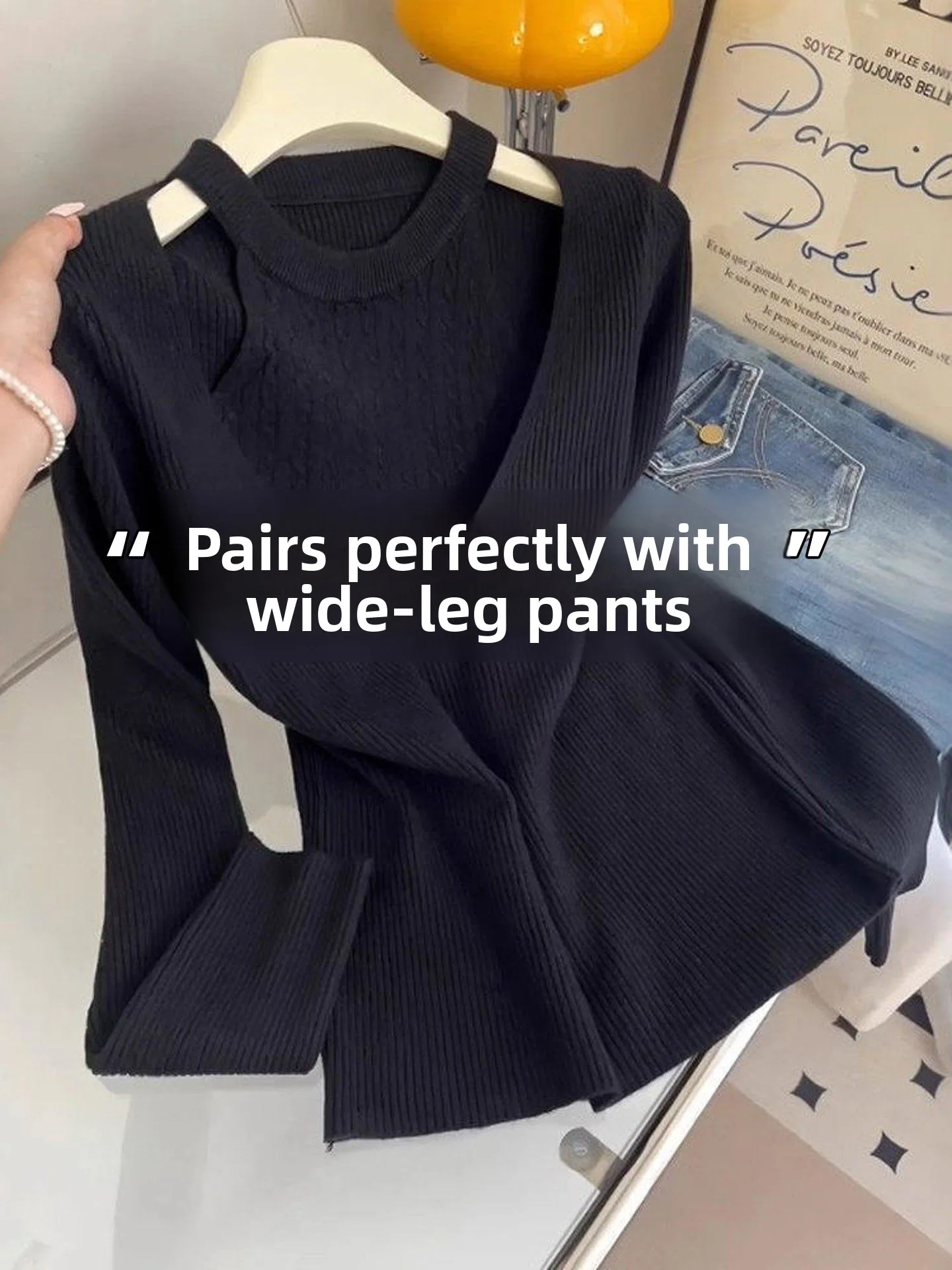 

Красивая теплая черная вязаная кофта с длинным рукавом для женщин, осенне-зимняя новинка, имитация двухслойности, базовый слой