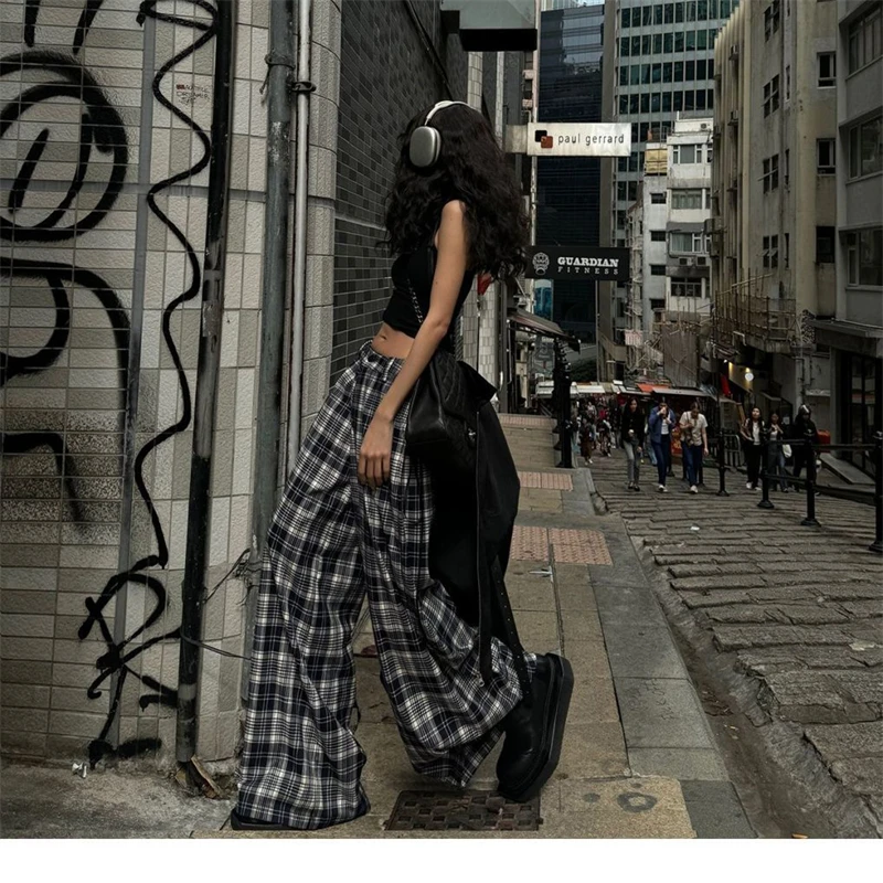 

Women's Plaid Loose Wide Leg Thin Pants Young Girl Summer Bottoms Vintage Style Female Straight High Waisted Trousers