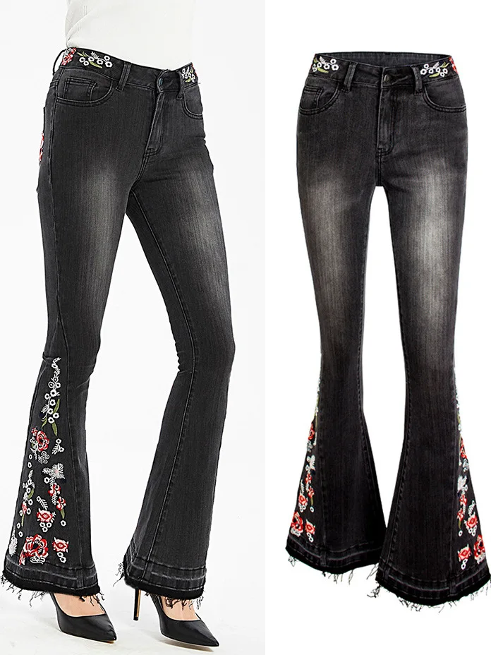 

Women's Embroidered Flared Jeans Spring Season Elastic Heavy Work Flootcut Denim Pants Low Waist hine Embroidery
