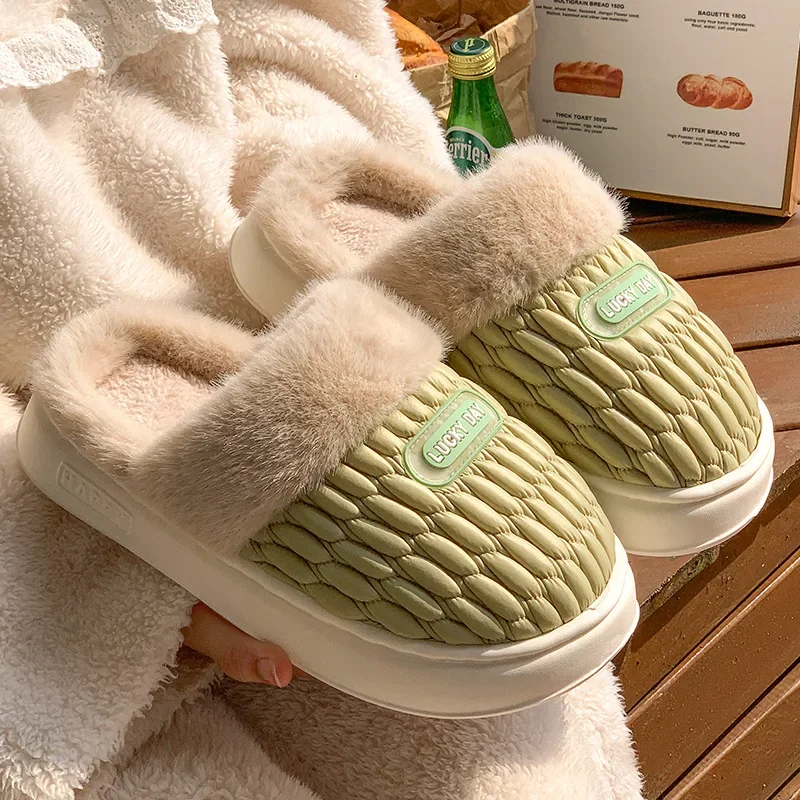 Candy Color Thick Sole Pluffy Slippers Women Closed Toe Furry Couple Slides Winter Indoor Home Cotton Slippes