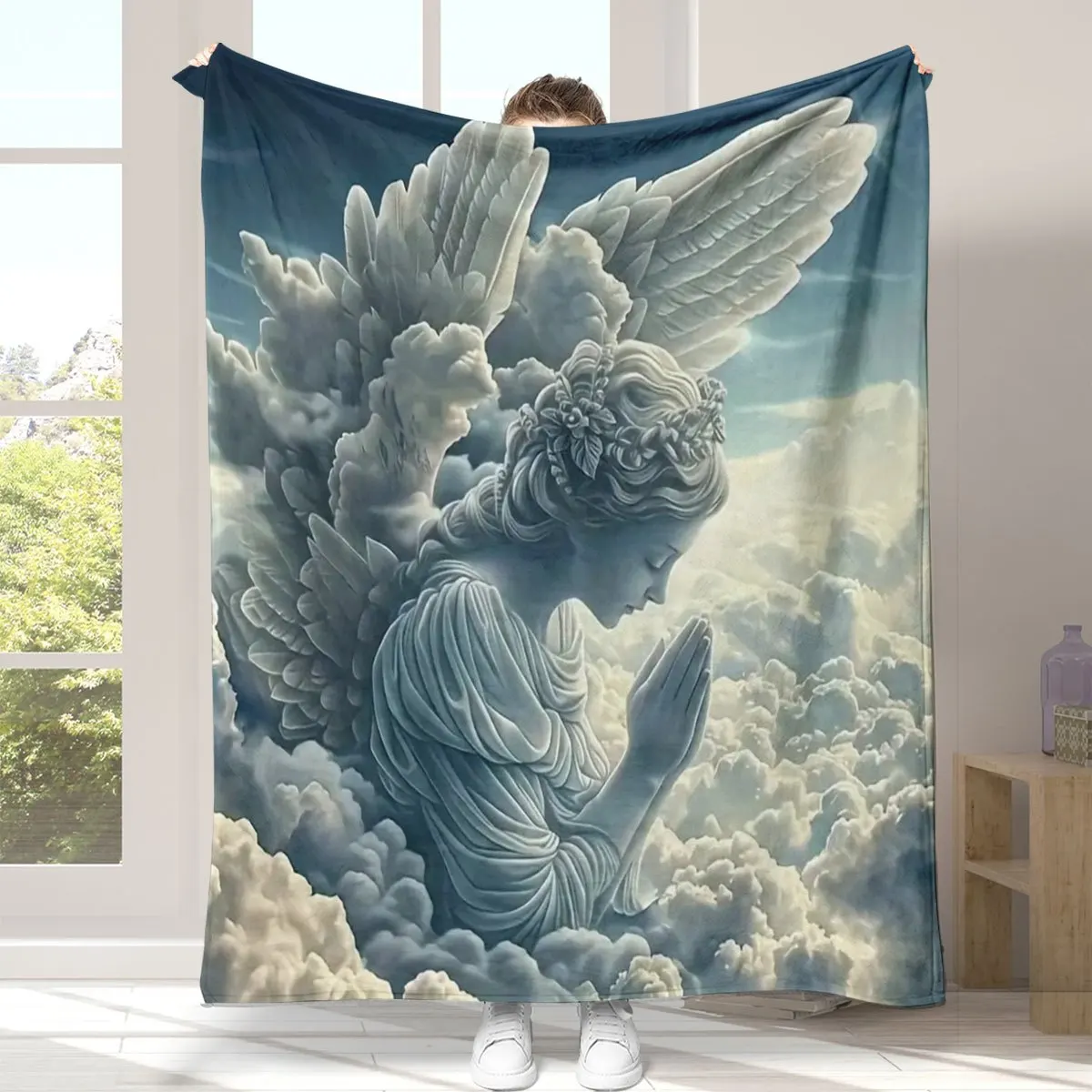 Angelic Serenity Flannel Blanket - Low Allergen Soft Fabric with Angel & Floral Crown Digital Print, All-Season Cozy Throw for