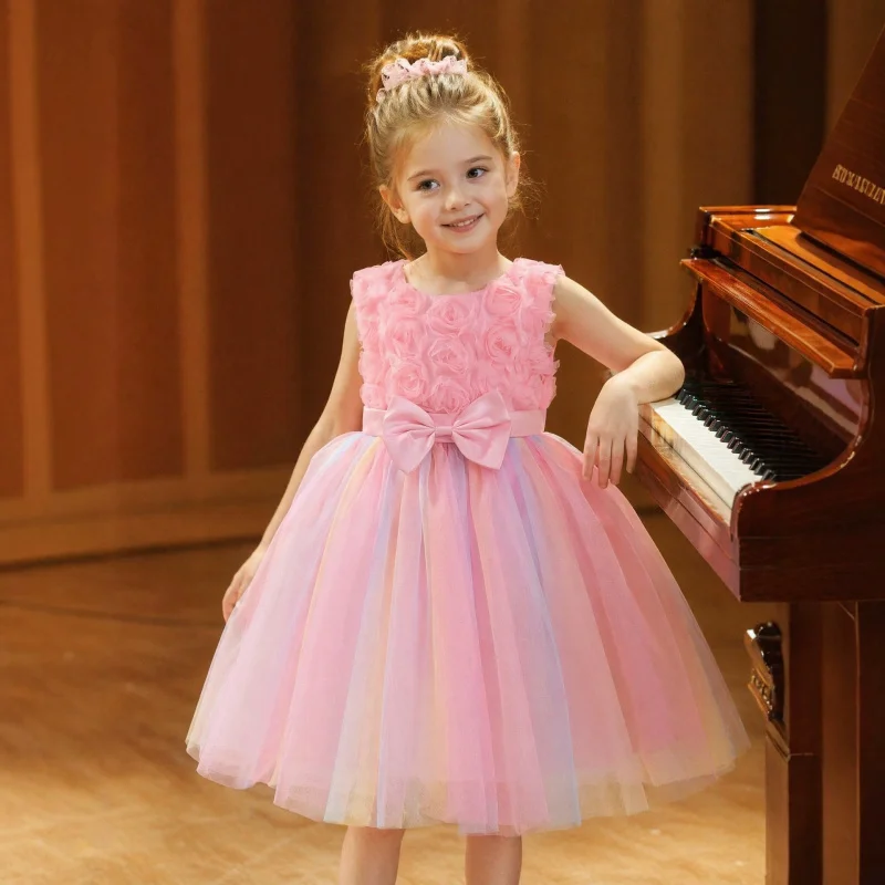 New girls' dress princess dress in pink with three-dimensional flowers, sleeveless rainbow mesh puffy dress for children's birth