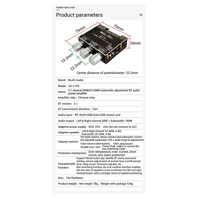 ZK-LT23 2.1 Channel Bluetooth 5.1 AUX Digital Power Amplifier Board 2X50W+100W Speaker Stereo Audio AMP Module for Home