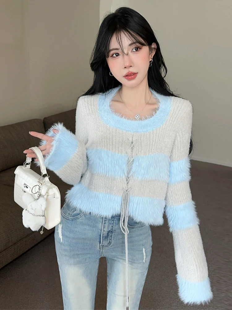 Morbido maglione lavorato a maglia a righe Plu sciolto dritto ort colore sexy Blo caldo Fce Top Sweet Sle esclusivo online primavera autunno