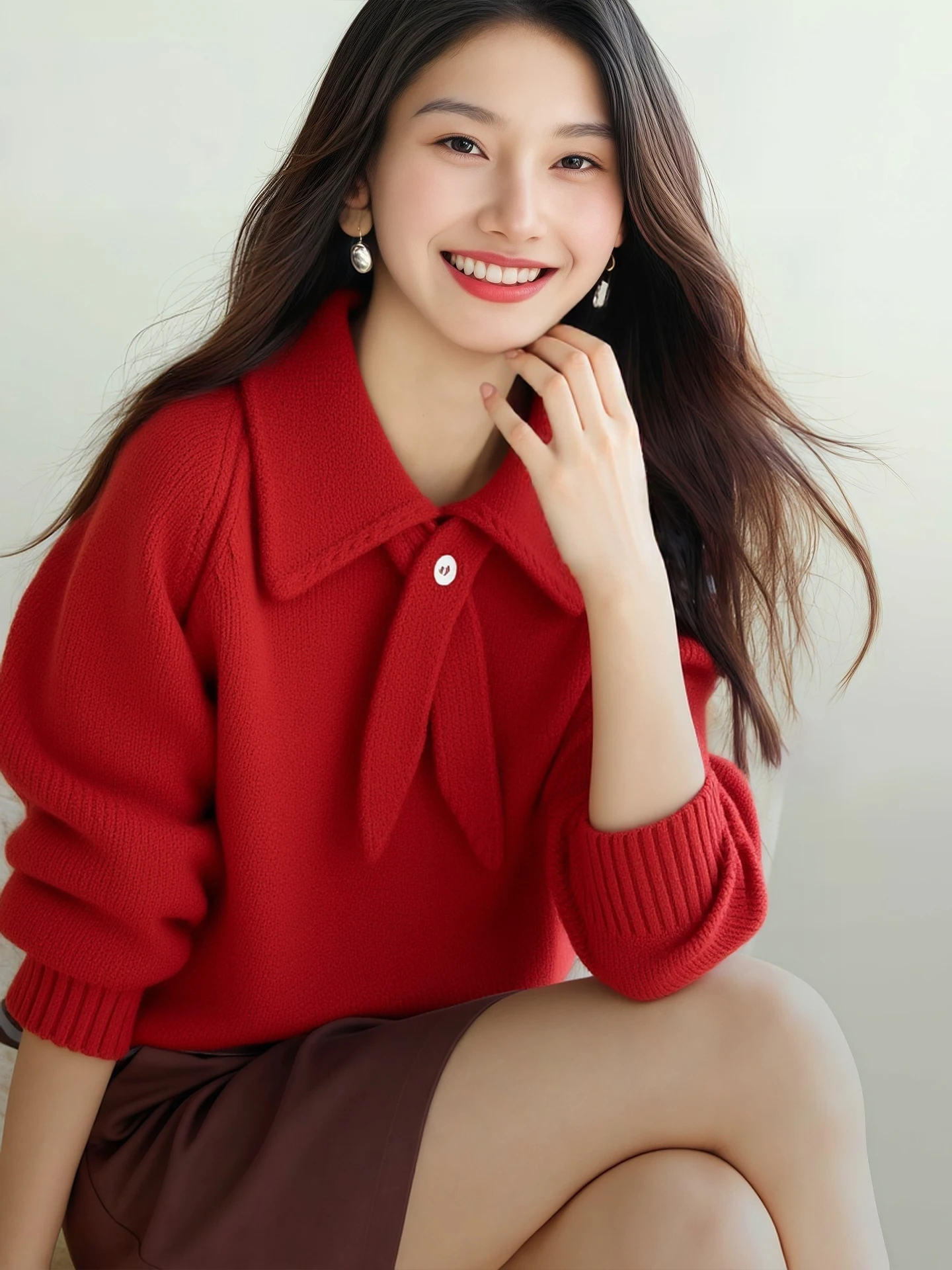 レディース-ソフトで心地良いニットセーター-2026年冬新作-レッド-オーバーヘッドスカーフスタイル-カジュアルフィット-レギュラー丈-長袖-無地