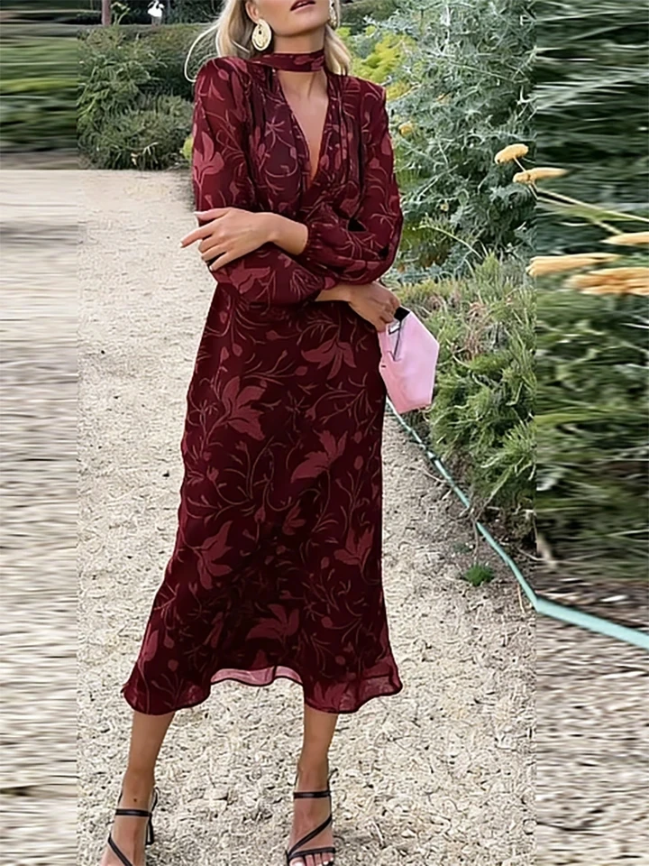 

Summer New High Waist Slim Wrap Hips Maxi Dress Vintage V-neck Floral Printed Mesh Dress Elegant Long Sleeve Pleated Party Dress