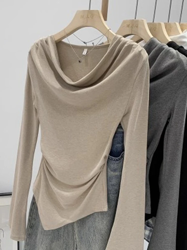 

Женская футболка с длинным рукавом, приталенная, с асимметричным вырезом, сексуальная базовая рубашка, популярный американский стиль, весенняя внутренняя одежда