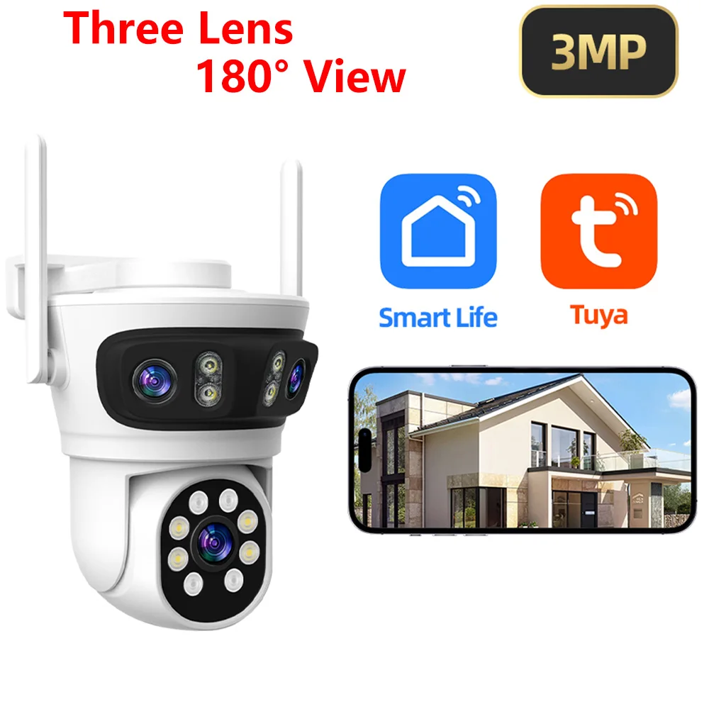 Tuya APP 3MP Onvif  Triple  Lens Full Color Wireless PTZ IP Dome Camera AI Humanoid Detection Home Security CCTV Baby Monitor
