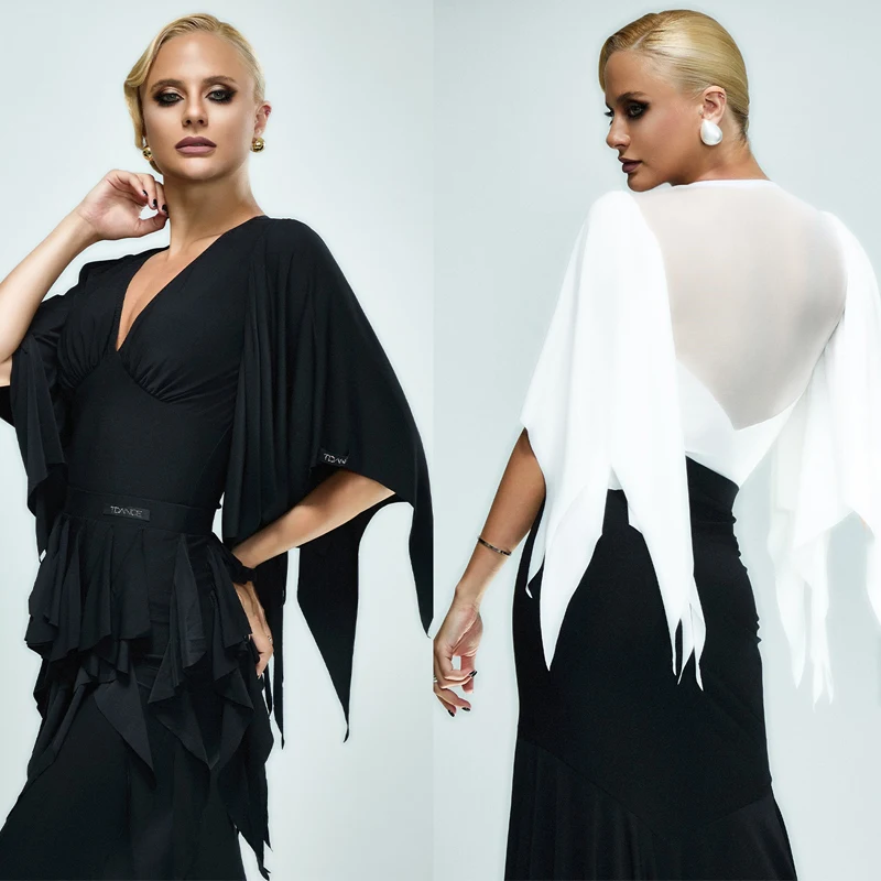 

New Women'S Ballroom Dance Professional Suits Ruffled Sleeves Latin Top Modern Dancing Top Adults Rumba Latin Dance Wear SL13131