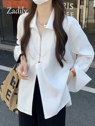 Zadily 2024 Summer Street Style Long Sleeve White Chiffon Shirt Women Zipper Loose Ladies Blouse Minimalist Female Clothing Tops