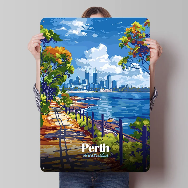 Perth Australien Stadtansicht Reise-Poster Individuell Bedruckte Retro Wandkunst Vintage Metallschilder für Heim- und Gamer-Raumdekoration