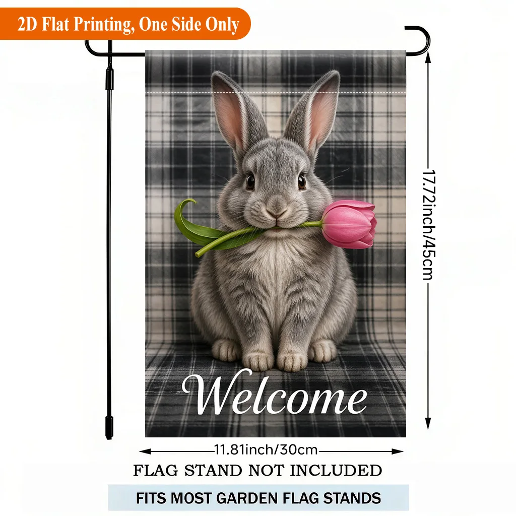 2D Flat Garden Flag 1 Piece, Cute Rabbit with Flowers To Welcome Spring Single-Sided Polyester Garden Flag