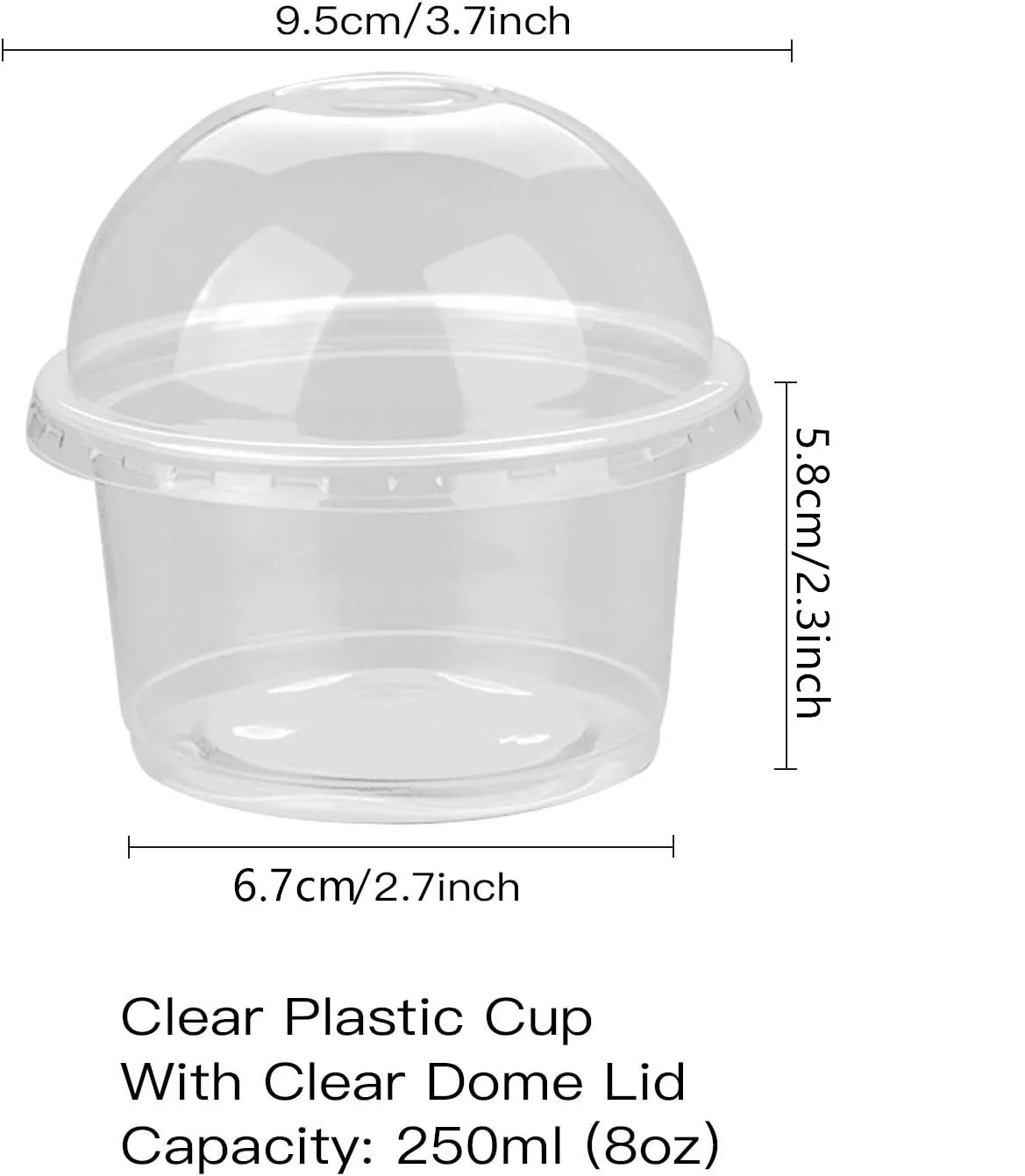 Copo descartável para salada, 50 peças, 250ml, plástico transparente, sobremesa, recipiente com cúpula/tampas planas para sorvete, cupcake