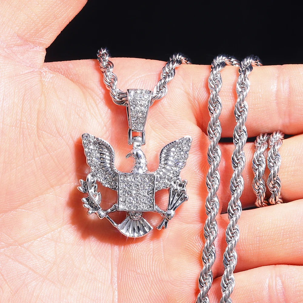 Full Rhinestone Eagle Pendant Necklace Match 4mm Rope Chain Shiny Ideal For Parties, And Daily Wear,As A Gift For Dating For Wom