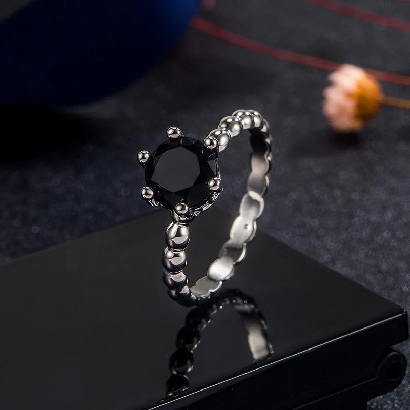 FUIHETYS Women Ring 925 Silver Jewelry Round Shape Obsidian Gemstone Finger Rings for Wedding Engagement Party Gift Accessories