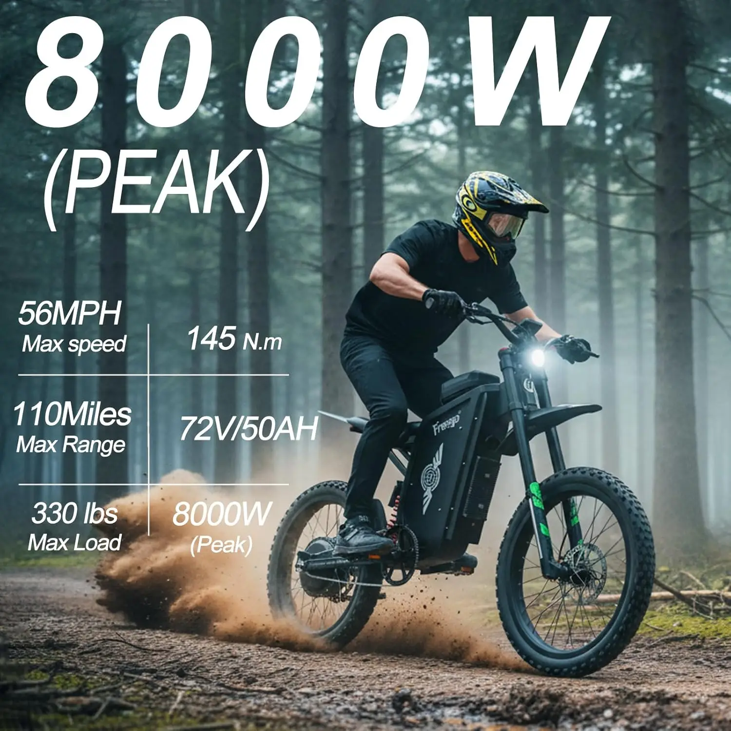 

Freego Electric Dirt Bike for Adults X3 Electric Mountain Bike 8000W Motor 72V/40AH Battery E bike Speed 56MPH Electric Bicycle