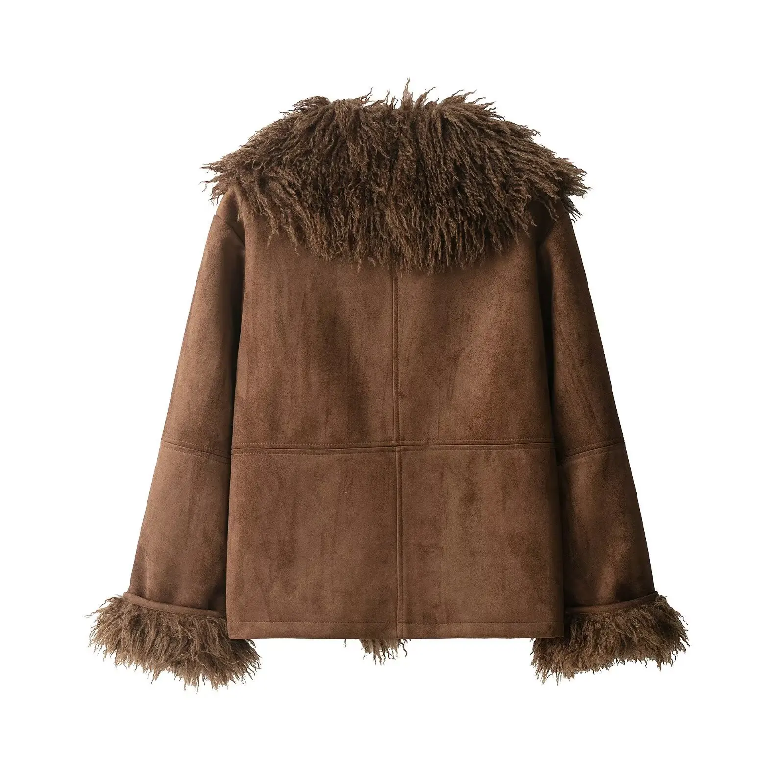 Women's Fashion Faux Fur Jacket Coat Brown Faux Suede Jacket With Curly Fur Trim On Collar And Cuffs Winter Outerwear ZYDN