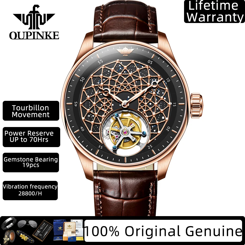 

OUPINKE настоящие мужские часы с турбийоном и скелетом, сапфировое зеркало, ремешок из натуральной кожи, водонепроницаемые механические часы для мужчин 8002