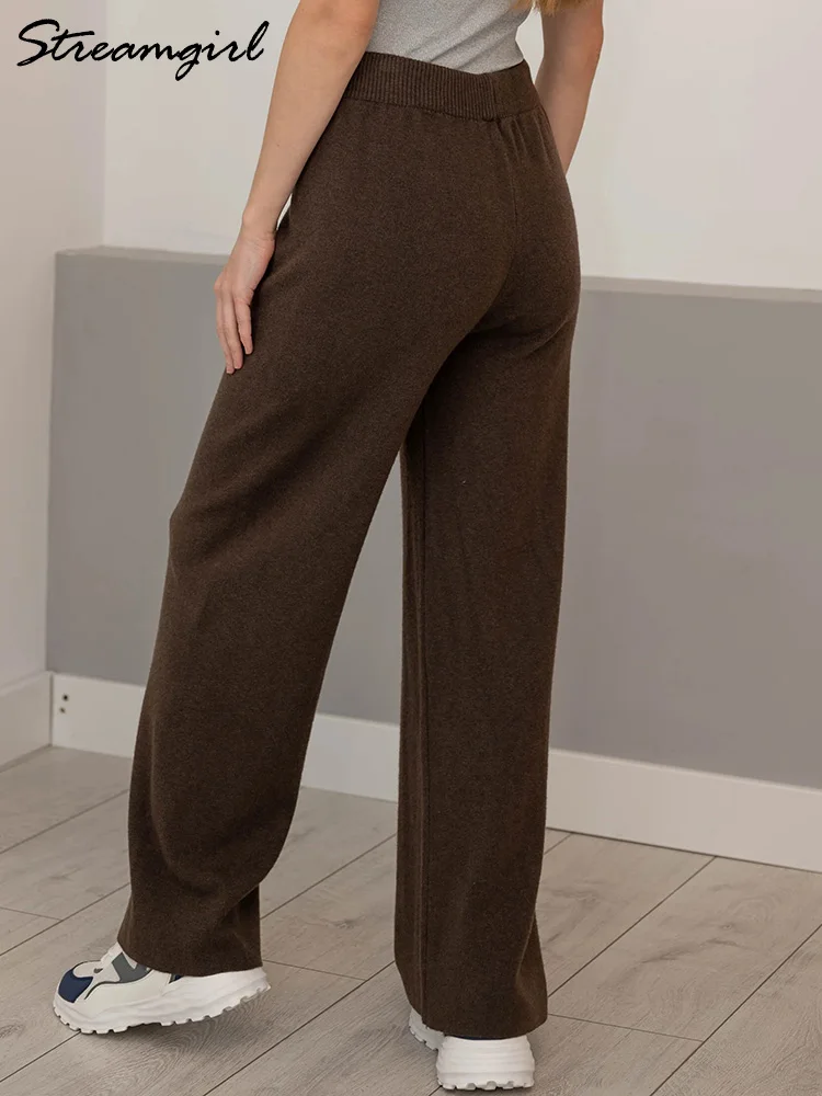 Streamgirl البني محبوك السراويل للنساء الشتاء الربيع عالية الخصر الأبيض مستقيم محبوك السراويل طويل القامة المرأة السراويل واسعة الساق