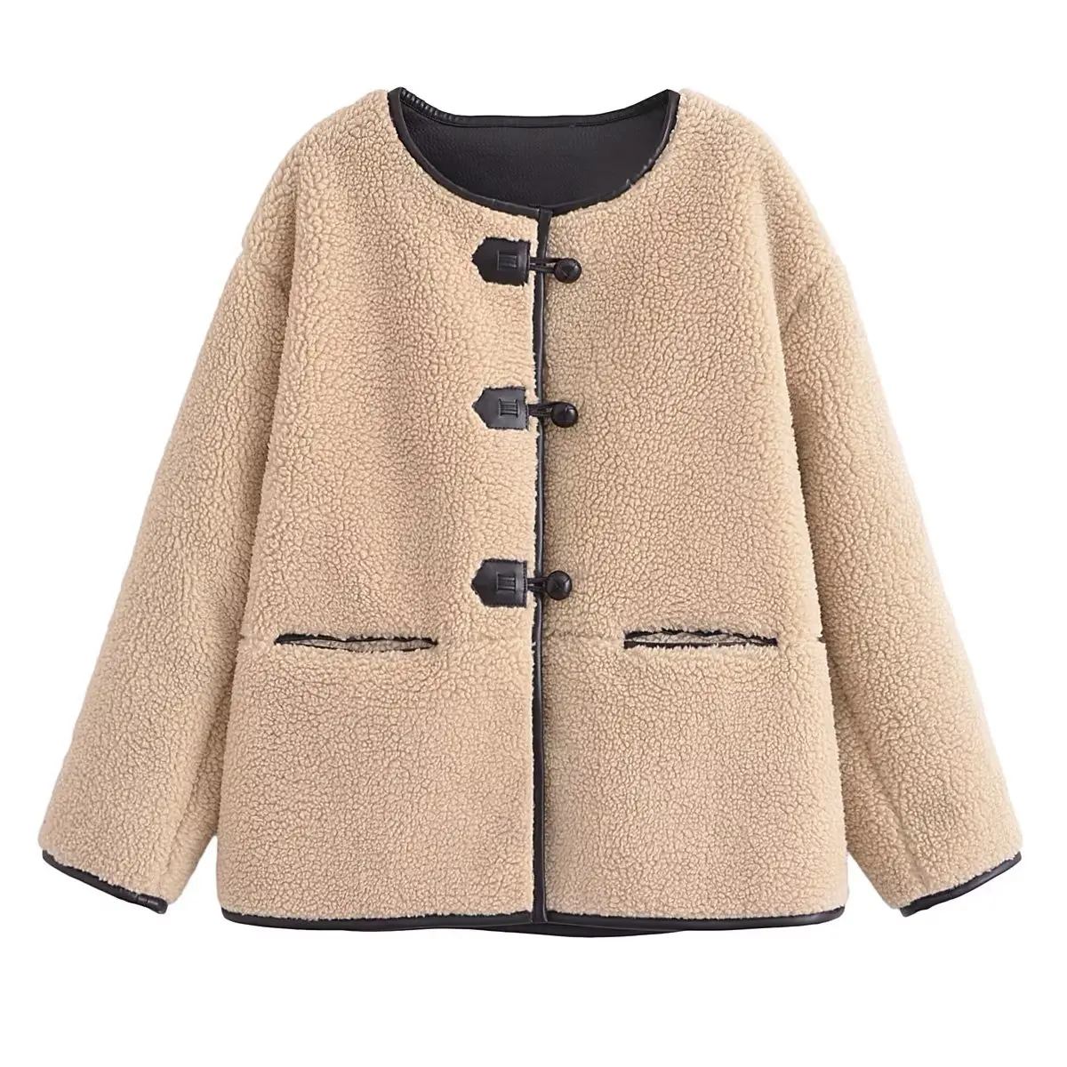 TRAFZA 2023 Autumn Winter Lambhair Women Vintage Green Coats Loose Fit O-Neck Coats Single Breasted Elegant Fashion Women Coats