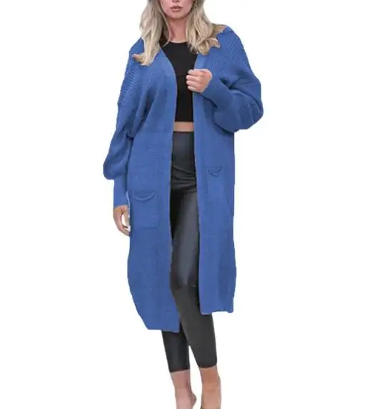 

Autumn and Winter Solid Color V-Neck Lantern Sleeve Knitted Jacket for Women, Elegant and Casual Pocket Loose Knitted Jacket