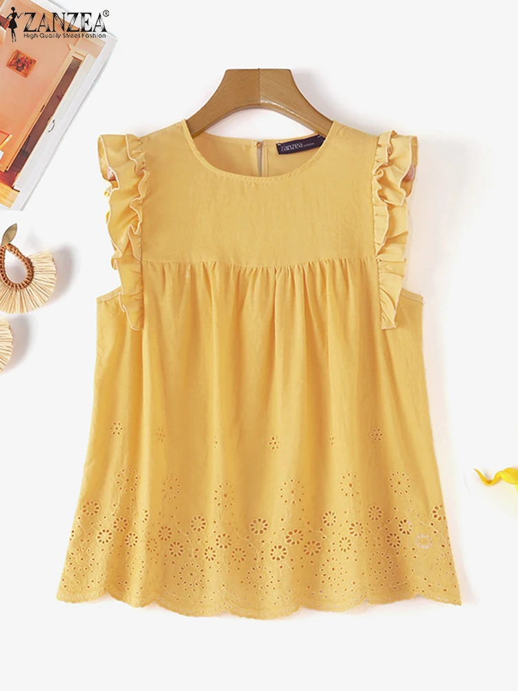 

ZANZEA, повседневные туники с воланами и рукавами, блузки, лето 2023, однотонные женские топы на бретелях с ажурной вышивкой, свободные топы для отпуска