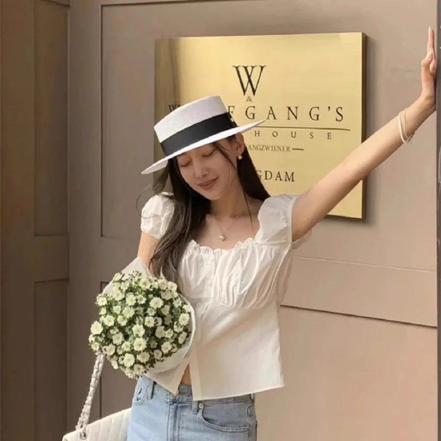 Słodkie LYSM ort Bubble Sve irt Letnie 2025 Bawełniane Oddychające Dopasowane Damskie Modne Dojazdy do Pracy Jednolite Kolory