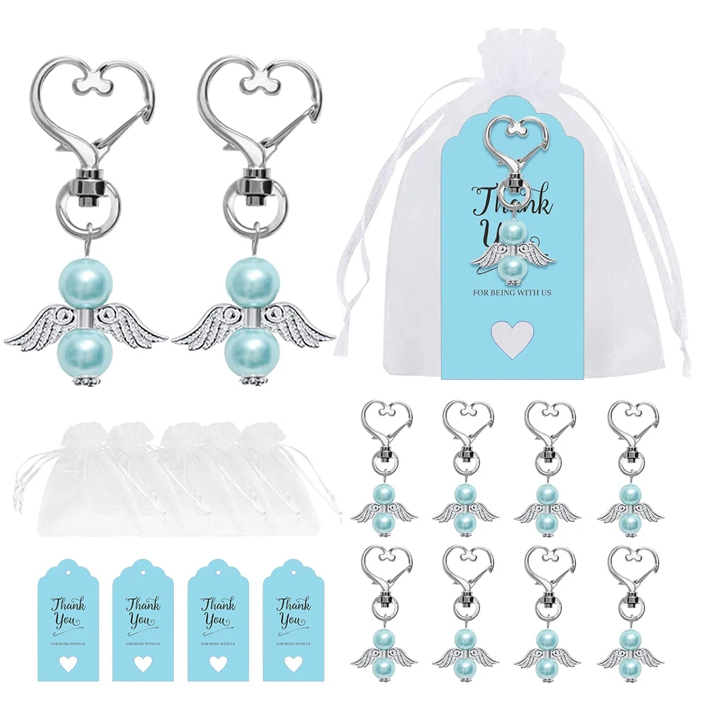 

20PCS Baby Shower Favors Angel Keychains Favor Organza Bags Thank You Card Tags Guest Return Favors Gift,Blue