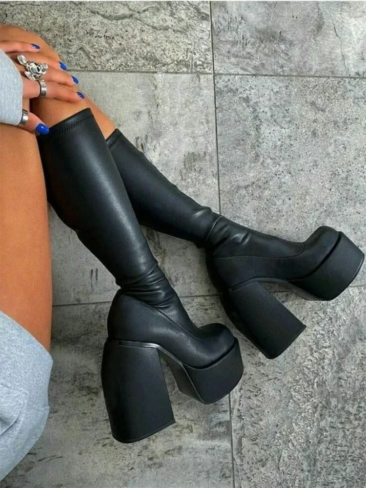 Boots Bratz Woman No Zipper High Heel Platform Chunky Mid Calf Elastic Punk Style Designer Dupes 14cm Heel Height Pull on Boots