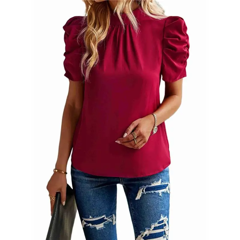 Hot-Women's Summer Boho Shirt Top Ruffle Short Sleeve Frill Trim Mock Neck Floral Solid 2025 Casual Blouses Shirts Tops