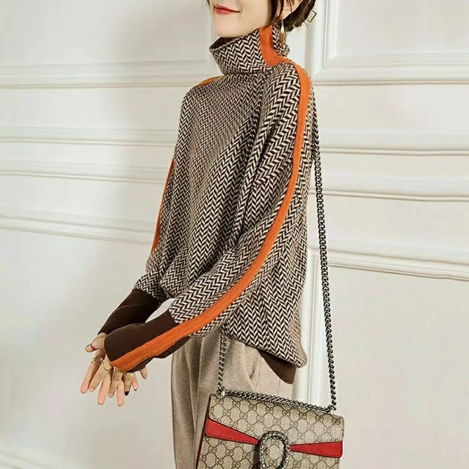 Autumn and Winter 2022 Shirt Sweater Woman Geometric Knitting Turtleneck Jumping Full Match Long Fashion Loose Casual Women Top