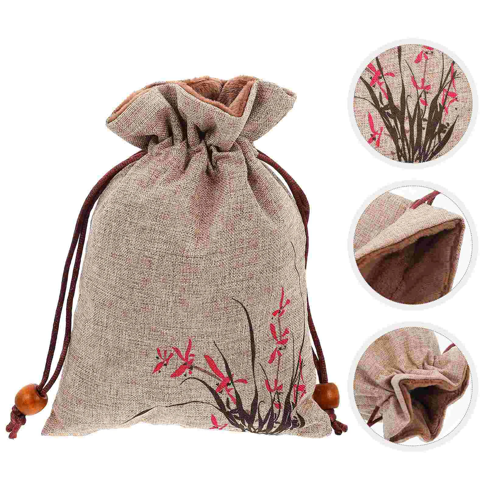 2 Pcs Double-layer Linen Bag Daily Drawstring Buddha Beads Fabric Candy Gift Pouches Party Bags