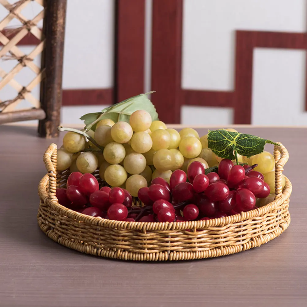 سلة خبز منسوجة مستديرة من البلاستيك حامل تخزين الروطان المقلد سعة كبيرة صينية تقديم الفاكهة للوجبات الخفيفة سطح المكتب المحمول