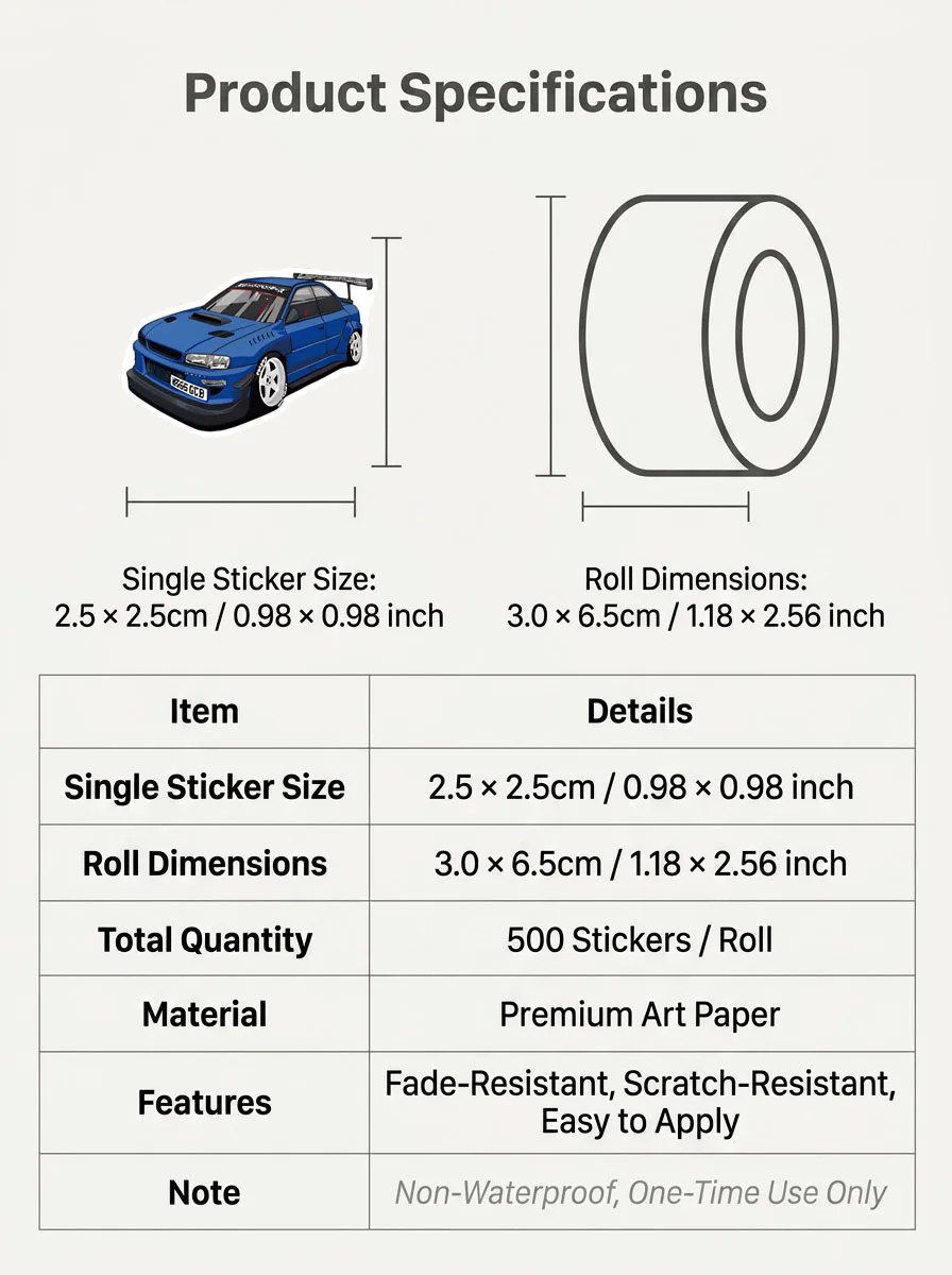 1Roll(500Pcs) Mini Sport Cars Stickers 2.5cm/1.0'' 10 Designs Decals Diy Adorn Gifts Packaging Home Decoration Sealing Labels