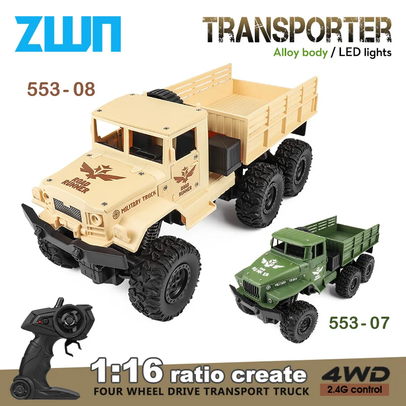 ZWN 1:16 2,4G aleación de aluminio camión militar RC de seis ruedas con luces coches de Control remoto al aire libre juguetes regalo para niños.