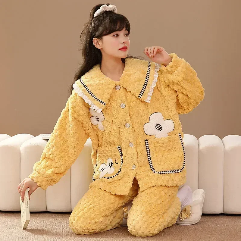 

Thickened Two-piece Flannel New Winter Casual Warm Nightclothes Pajamas Autumn Suit Loose Fashion Wear 2023 Women Home