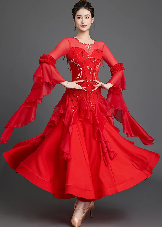New Modern Dance Dress For Competition Performance Standard Waltz Ballroom Dance Dress Flowy Sequin Bell Sleeves Long Dress view 2