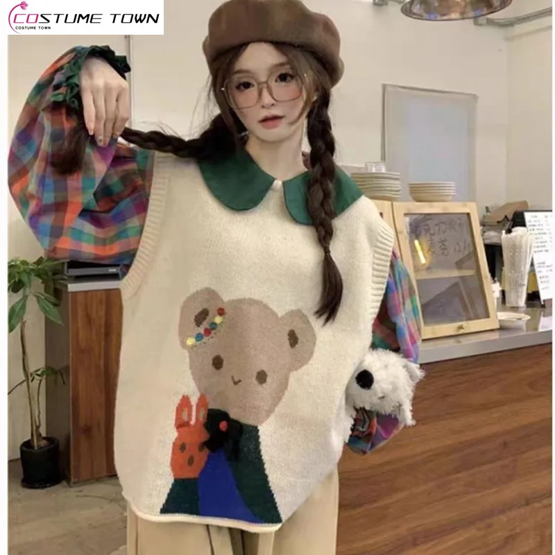 2023 Autumn New Cute Little Bear Vest Knitted Tank Top Girls' College Style Sweater Tank Top Horse Jacket Outwear