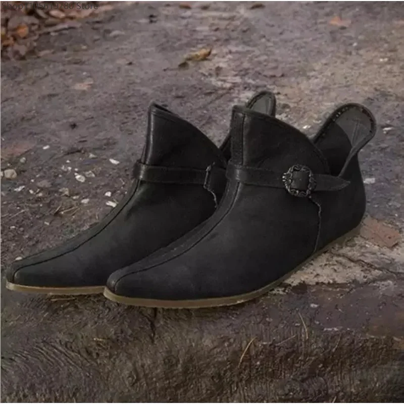 Renaissance Medieval Vintage Brown Buckle Leather Short Flat Footwear Men Viking Knight Prince Pirate Cosplay Costume Accessory 5