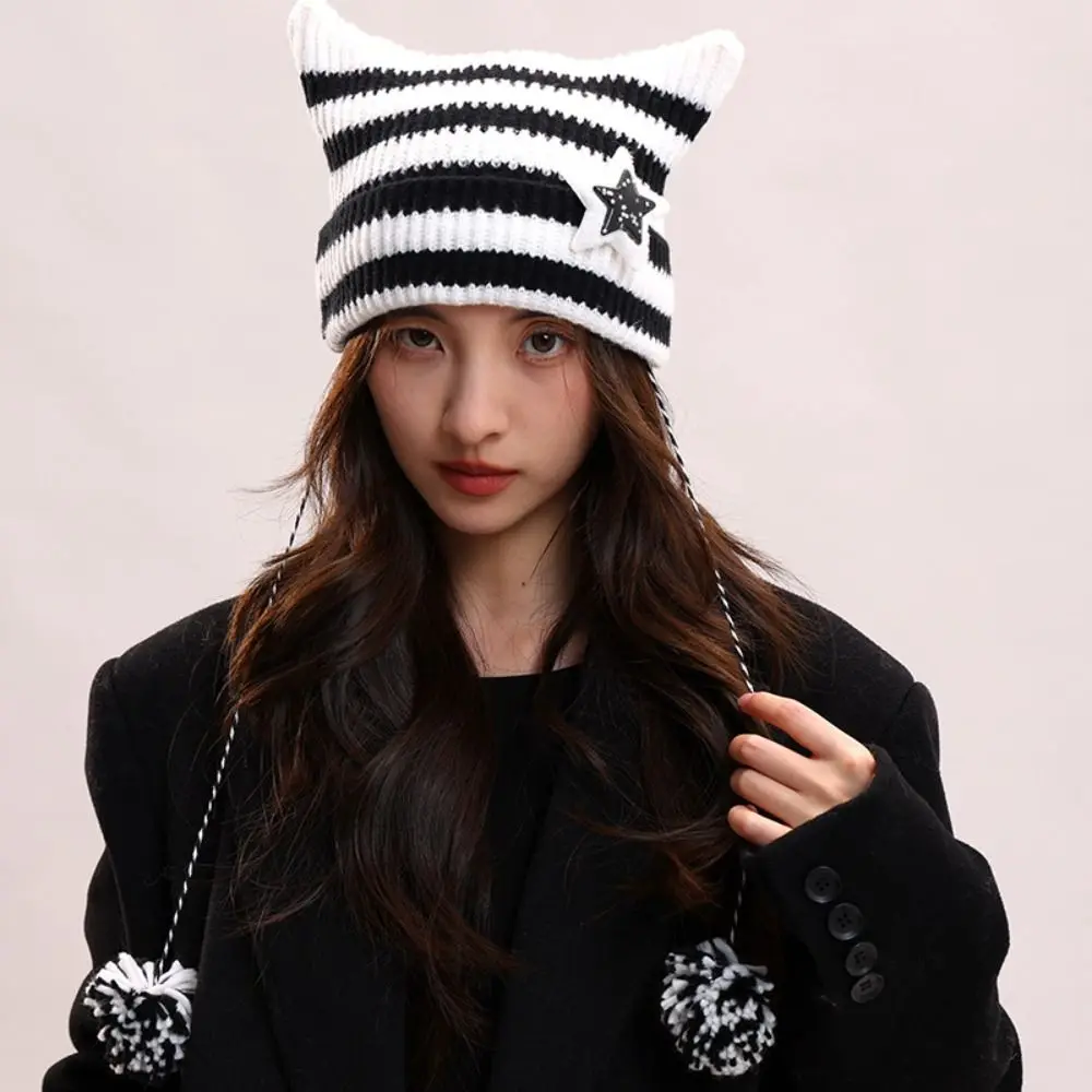 لطيف Harajuku آذان القط محبوك قبعة Y2K الهيب هوب مترهل محبوك بيني ستار سميكة قبعة صوفية الدراجات #3