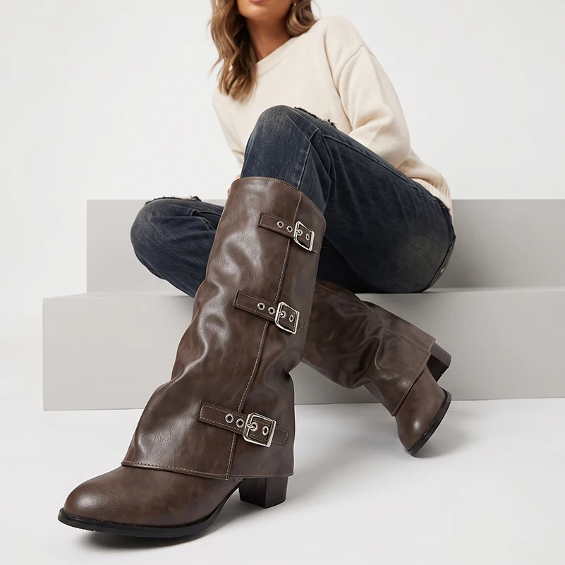 Plus Size Women Slipon Slouchy Mid Calf Boots, Round Toe Block Heel ThreeRow Metal Buckle Strap Decorated Cylinder Boots