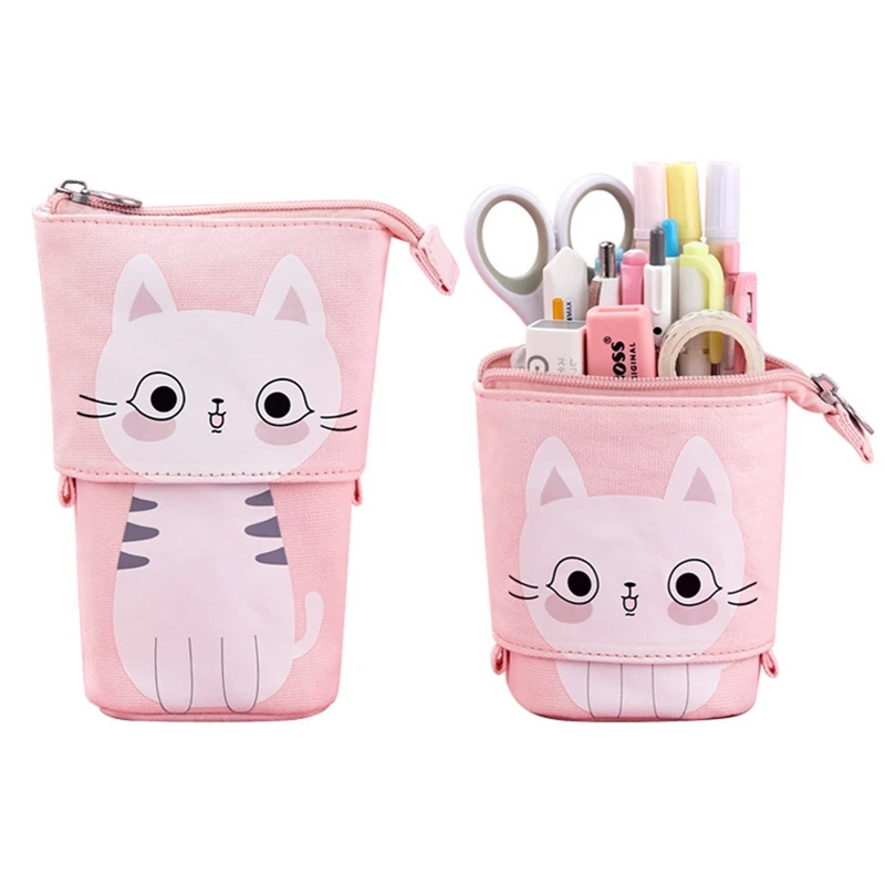 

Pen Bag Organizer Student Stationery Kids Gift Cute Adjustable Pencil Case Cartoon Unicorn Cat Bear Canvas Fold Standing Holder