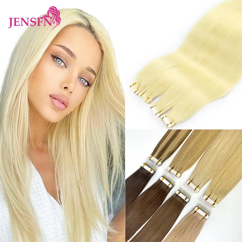 JENSFN Tape In Hair Extensions  Real Human Hair 100% Remy Natural 16"-24"Inch 613 Straight  PU Skin Weft  Tape Ins for Salon