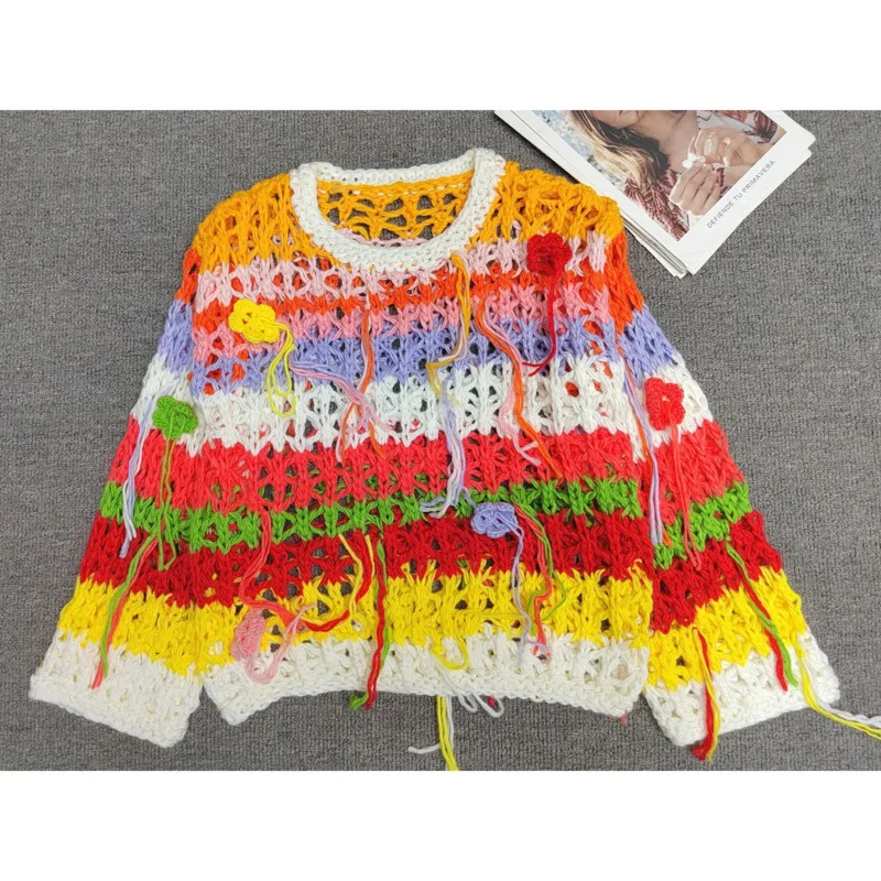 CHUJIE خريف 2025 بلوزة متماسكة مخططة ملونة، بلوزة عصرية فضفاضة ذات هامش من الدانتيل الكروشيه